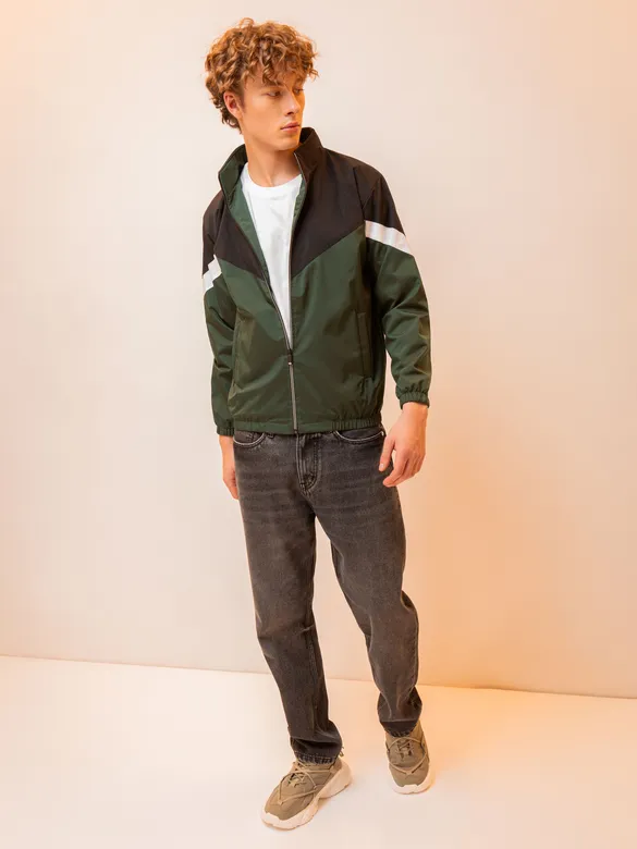 Black and Olive Color Block Windcheater Jacket for Men