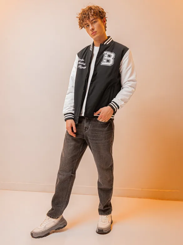 Black Printed Varsity Jacket for Men