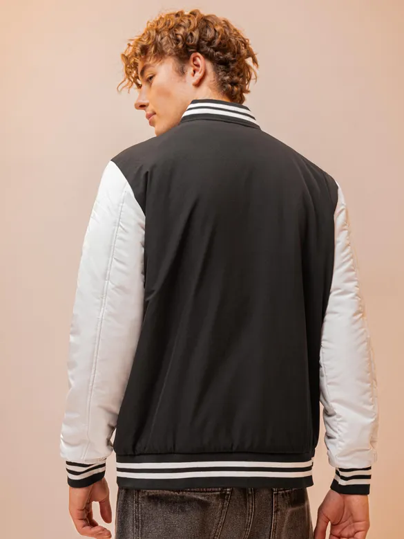 Black Solid Varsity Jacket for Men