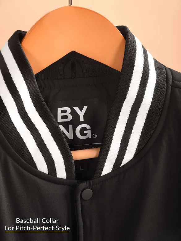 Black Solid Varsity Jacket for Men