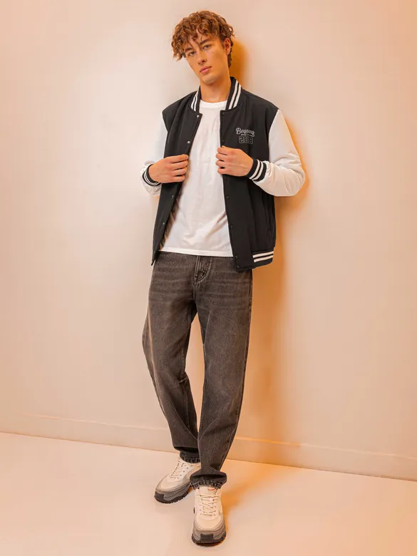 Black Solid Varsity Jacket for Men