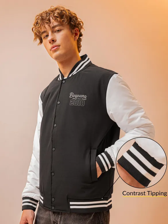Black Solid Varsity Jacket for Men