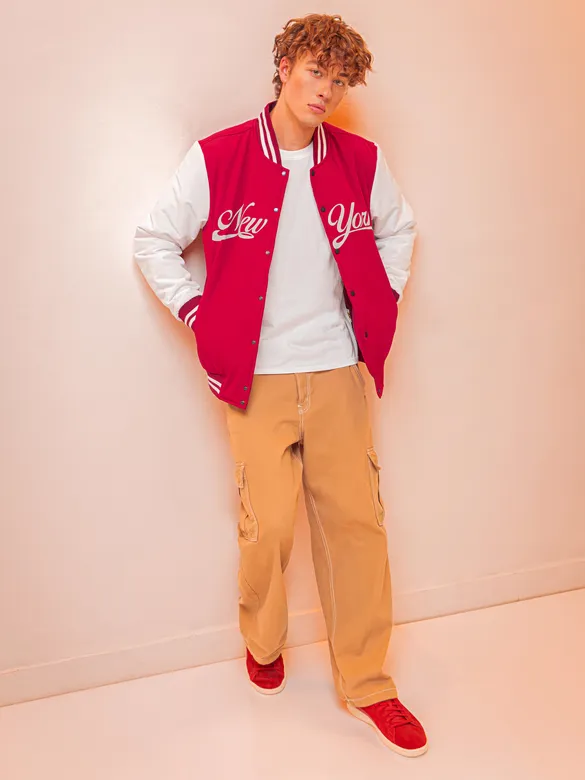 Burgundy Printed Varsity Jacket for Men