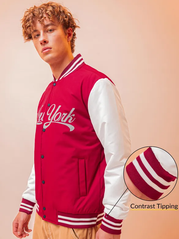 Burgundy Printed Varsity Jacket for Men