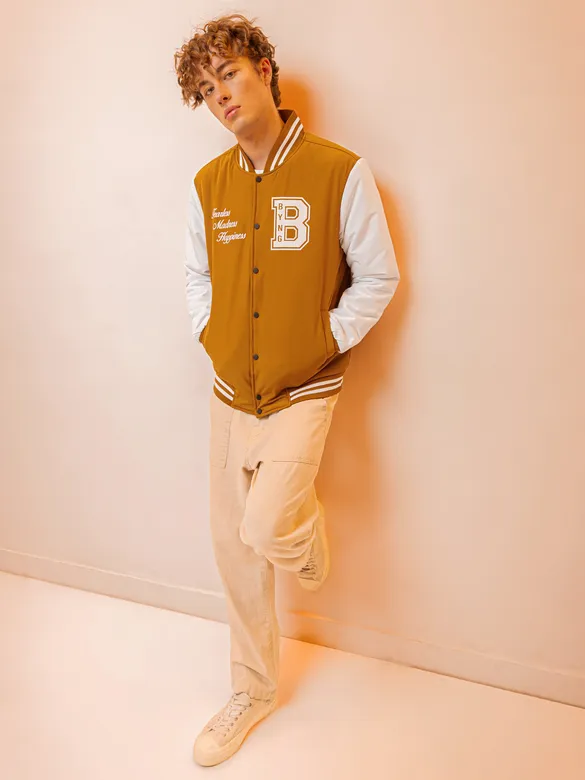 Cider Brown Printed Varsity Jacket for Men