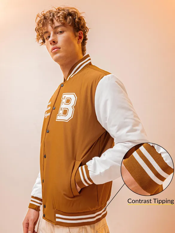 Cider Brown Printed Varsity Jacket for Men
