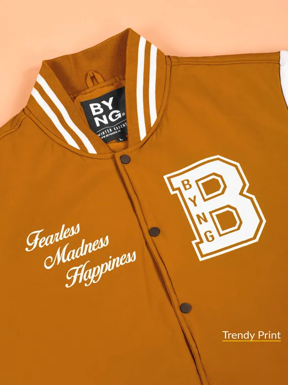 Cider Brown Printed Varsity Jacket for Men