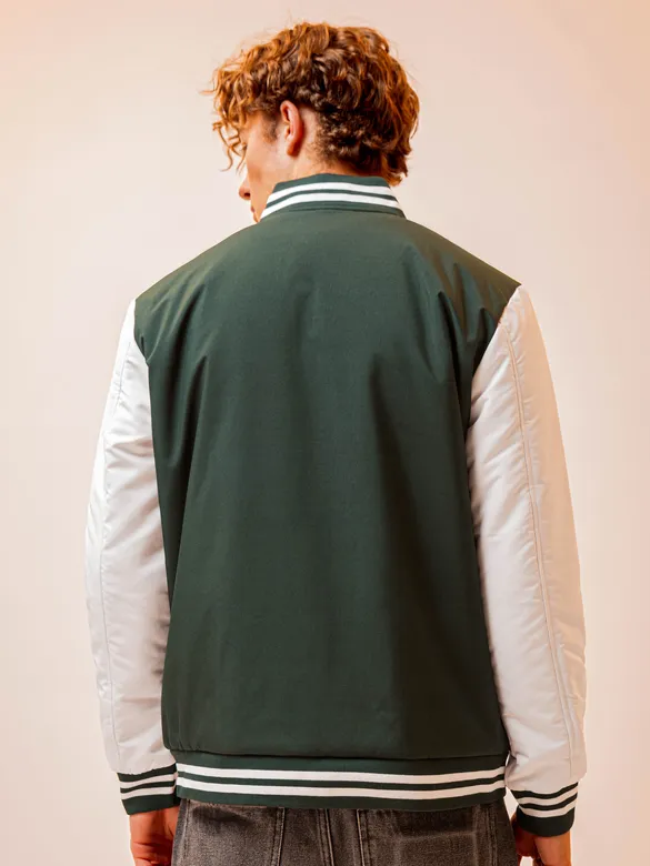 Deep Olive Green Solid Varsity Jacket for Men
