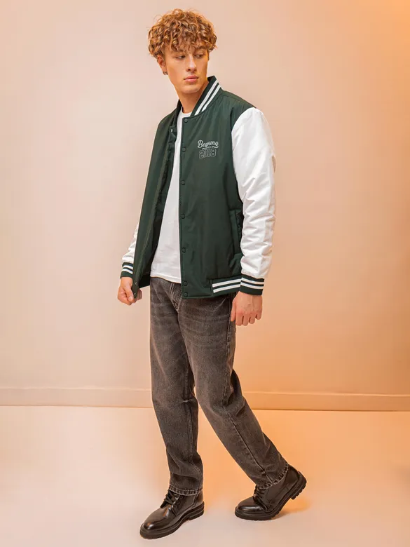 Deep Olive Green Solid Varsity Jacket for Men