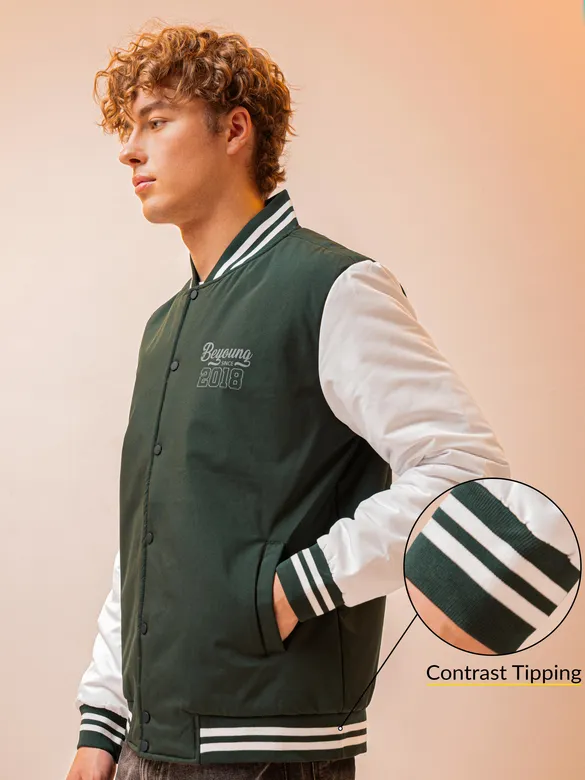 Deep Olive Green Solid Varsity Jacket for Men