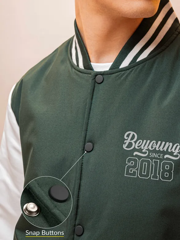 Deep Olive Green Solid Varsity Jacket for Men