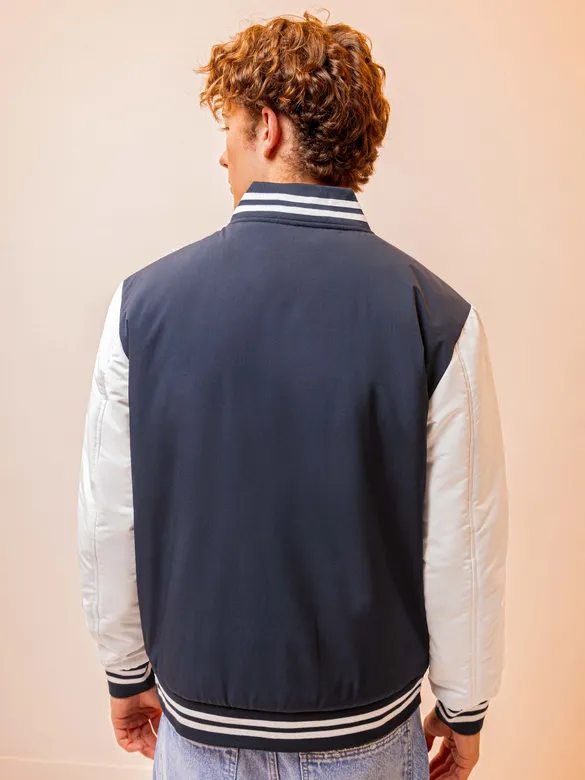 Navy Blue Solid Varsity Jacket for Men