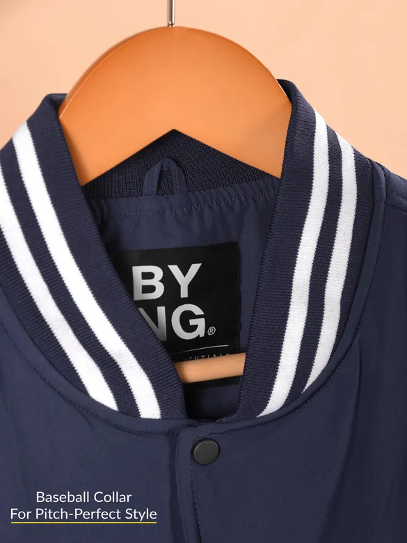 Navy Blue Solid Varsity Jacket for Men