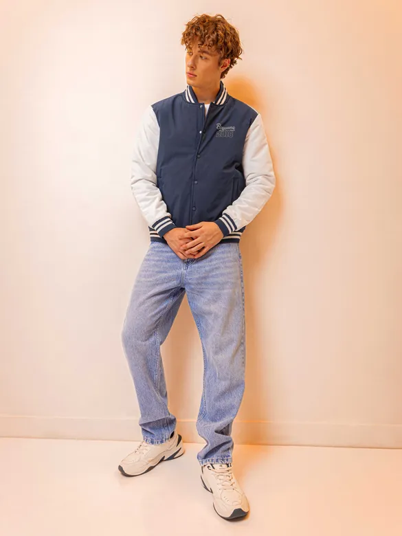 Navy Blue Solid Varsity Jacket for Men