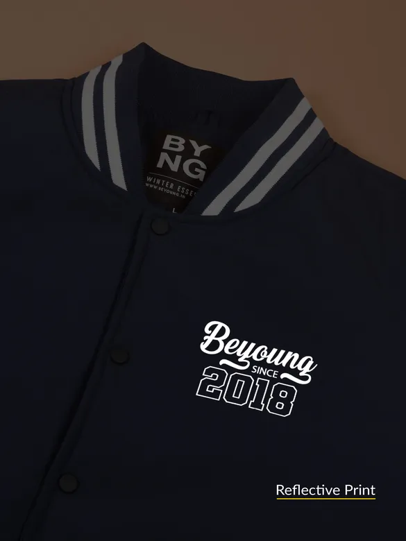 Navy Blue Solid Varsity Jacket for Men