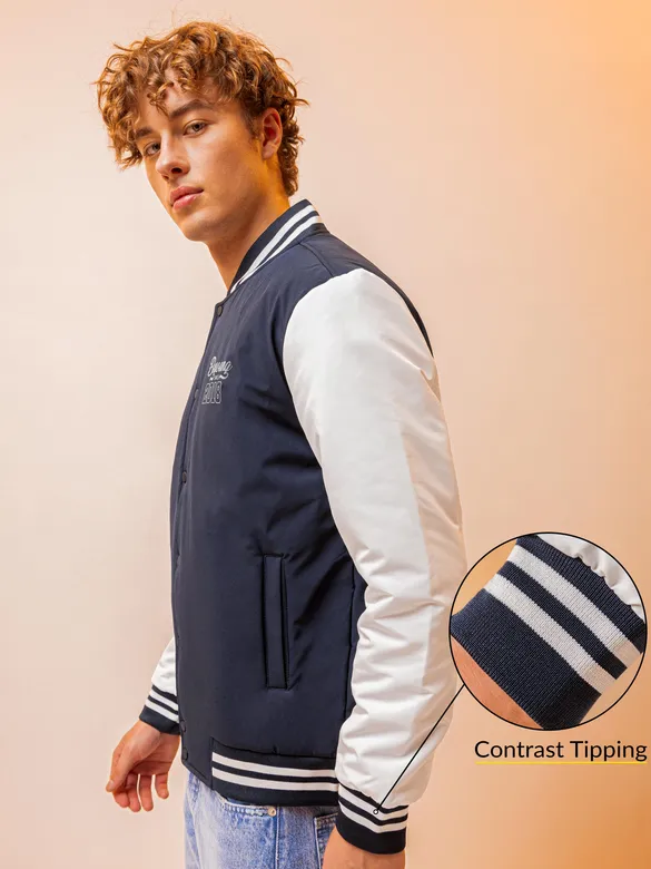 Navy Blue Solid Varsity Jacket for Men