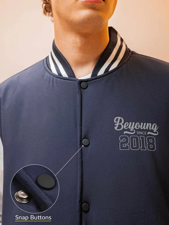 Navy Blue Solid Varsity Jacket for Men