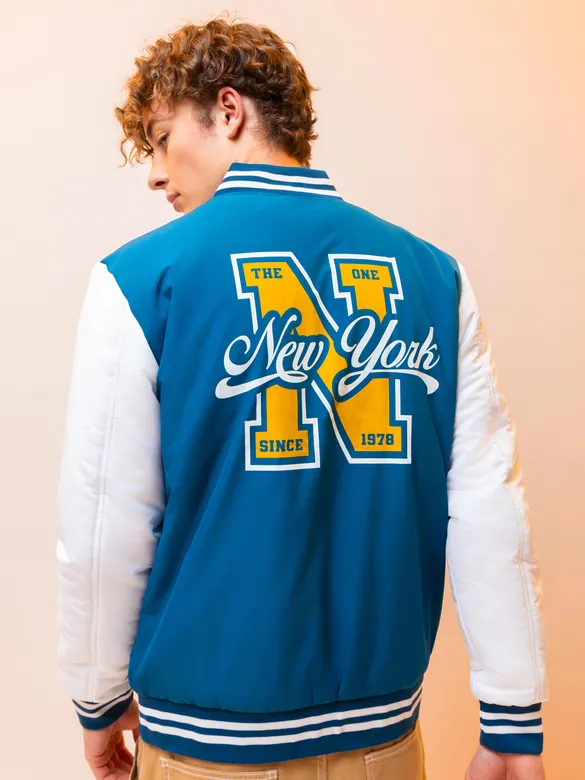 Teal Blue Printed Varsity Jacket for Men