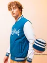 Teal Blue Printed Varsity Jacket for Men