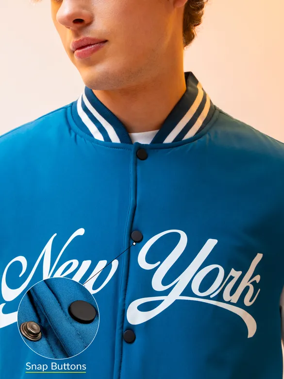 Teal Blue Printed Varsity Jacket for Men