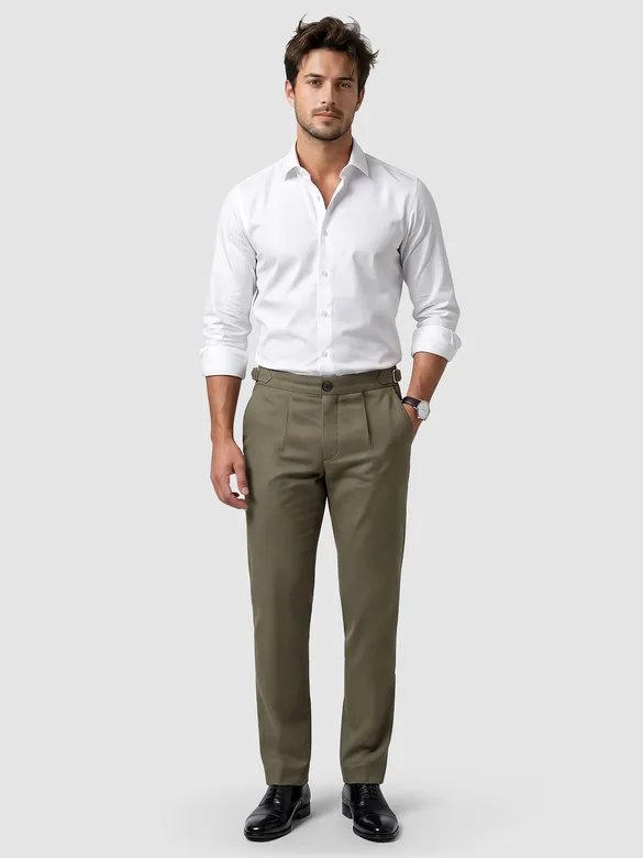 Olive Green Side-Adjuster Cotton Slub Trousers