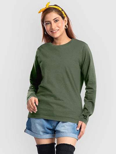 Plain Olive Green Women Full Sleeves T-shirt