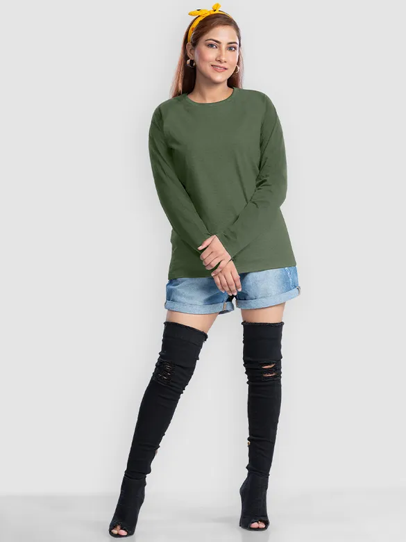 Plain Olive Green Women Full Sleeves T-shirt