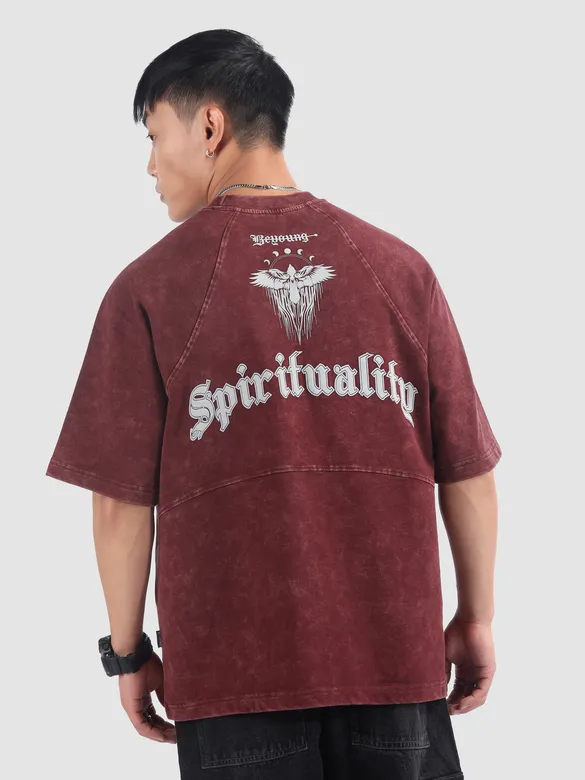 Burgundy Spirituality Acid Wash Oversized T-Shirt