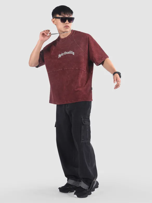 Burgundy Spirituality Acid Wash Oversized T-Shirt