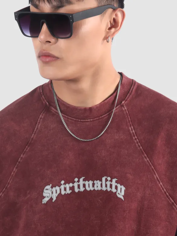 Burgundy Spirituality Acid Wash Oversized T-Shirt
