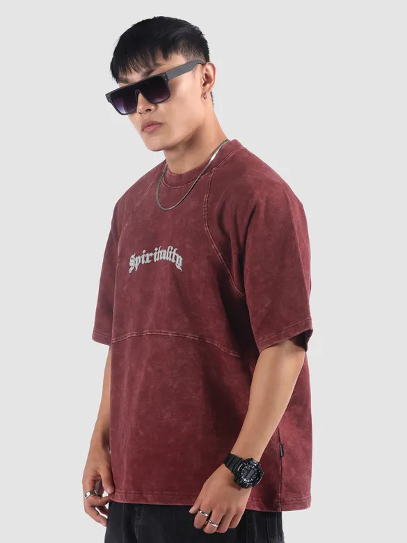 Burgundy Spirituality Acid Wash Oversized T-Shirt
