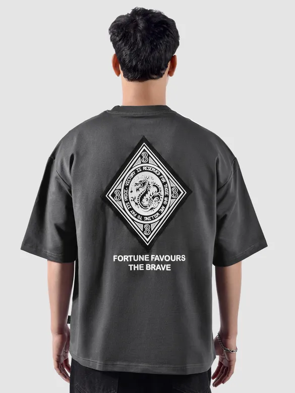 Grey Chinese Dragon Back Patch Oversized T-Shirt
