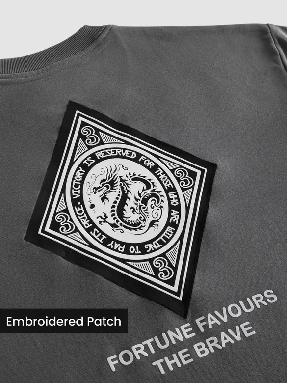 Grey Chinese Dragon Back Patch Oversized T-Shirt