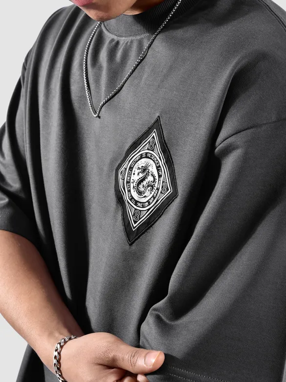 Grey Chinese Dragon Back Patch Oversized T-Shirt