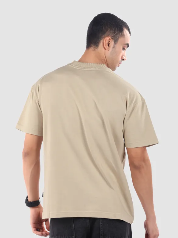 Beige Mock Neck Embroidered T-Shirt