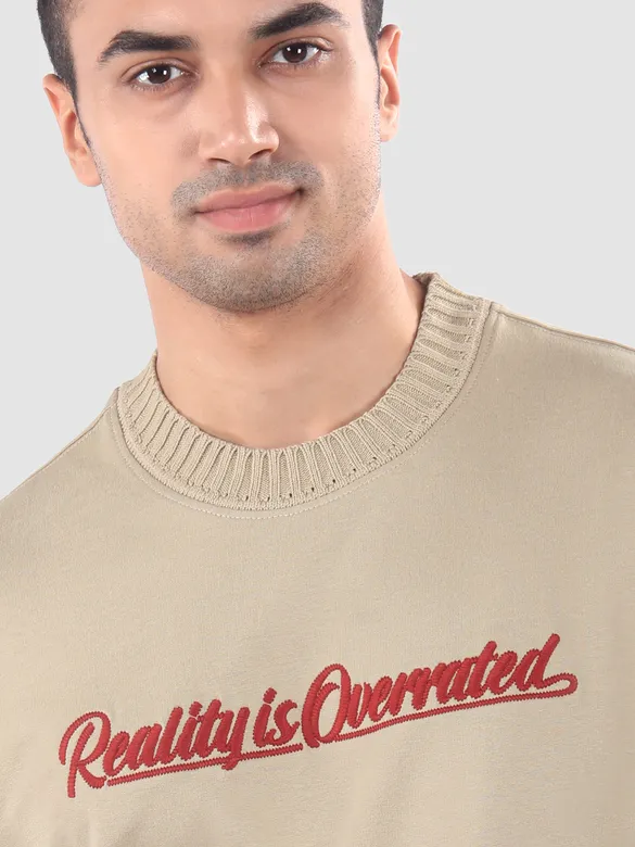 Beige Mock Neck Embroidered T-Shirt