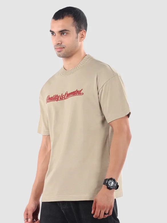 Beige Mock Neck Embroidered T-Shirt