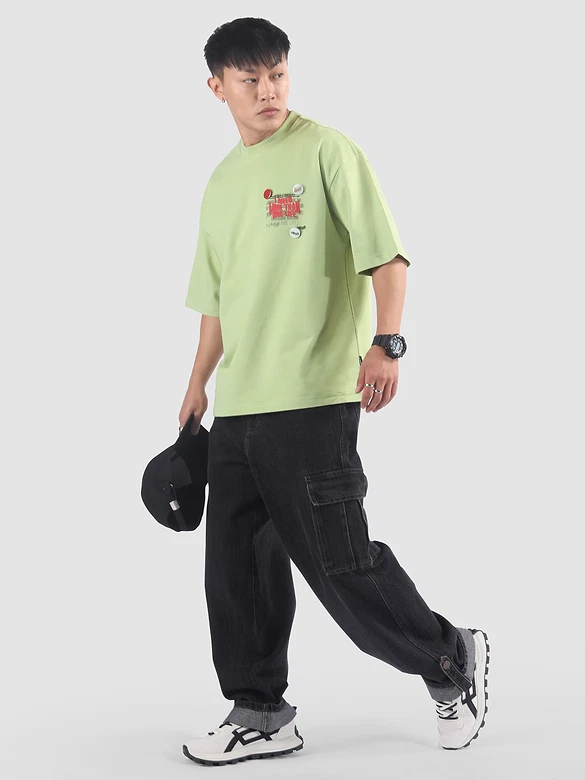 Pista Green Distressed Typo Puff Print Oversized T-Shirt