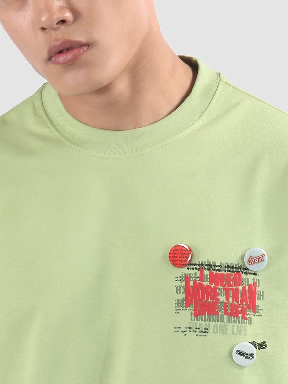 Pista Green Distressed Typo Puff Print Oversized T-Shirt