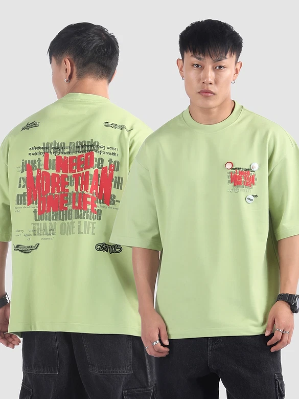 Pista Green Distressed Typo Puff Print Oversized T-Shirt