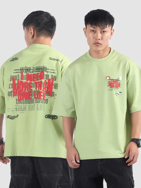 Pista Green Distressed Typo Puff Print Oversized T-Shirt