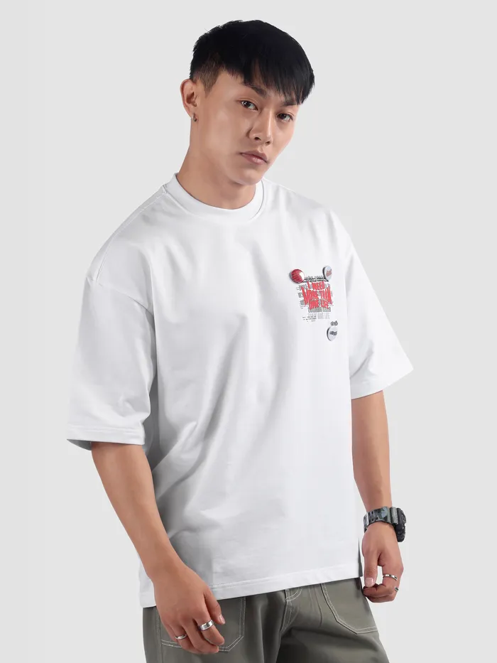White Distressed Typo Puff Print Oversized T-Shirt