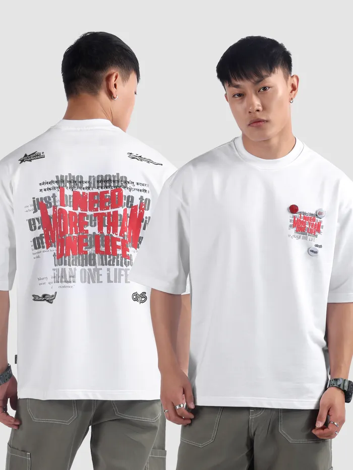 White Distressed Typo Puff Print Oversized T-Shirt