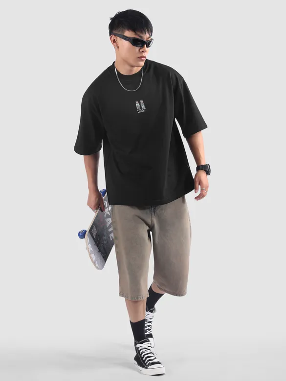 Black Lazy Boys Printed Oversized T-Shirt