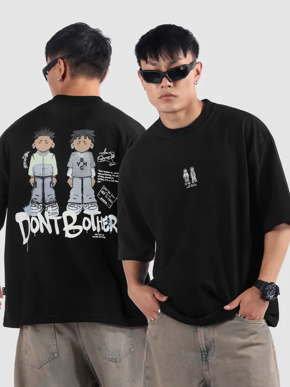 Black Lazy Boys Printed Oversized T-Shirt