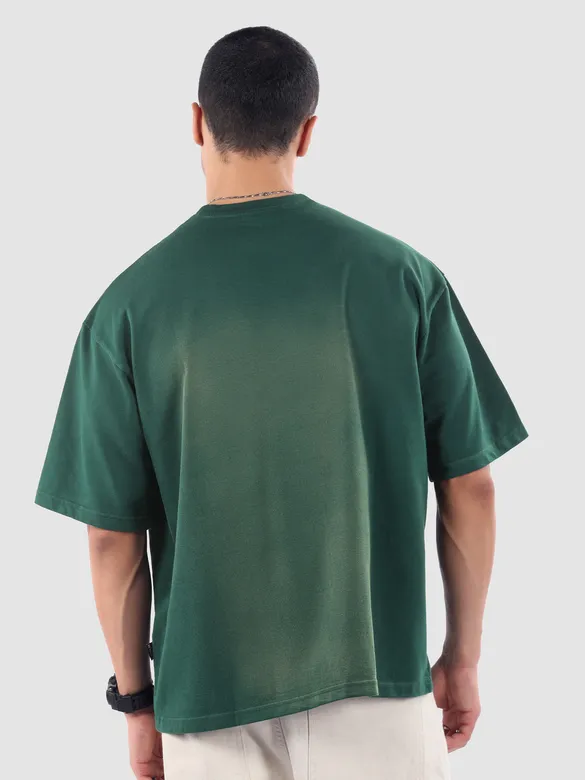 Bottle Green Spirituality Patchwork Acid Wash Oversized Tshirt