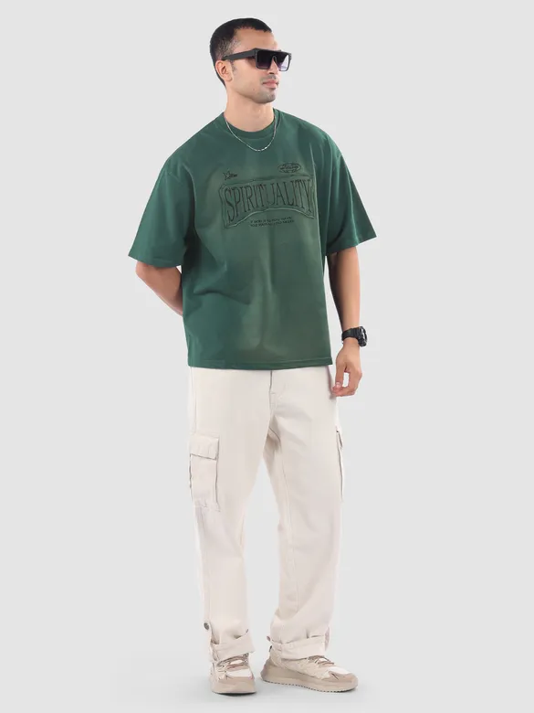 Bottle Green Spirituality Patchwork Acid Wash Oversized Tshirt