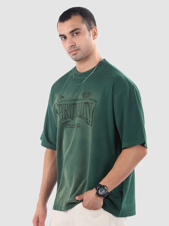 Bottle Green Spirituality Patchwork Acid Wash Oversized Tshirt