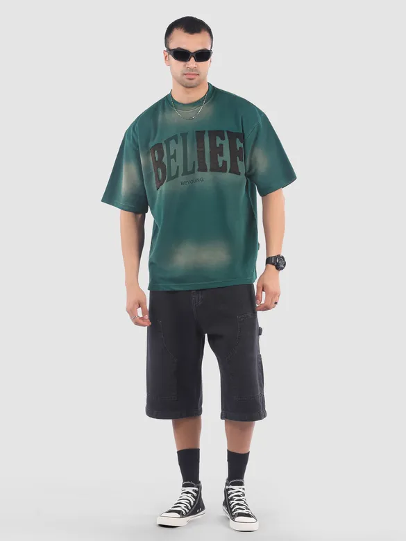 Bottle Green Belief Acid Wash Oversized Tshirt