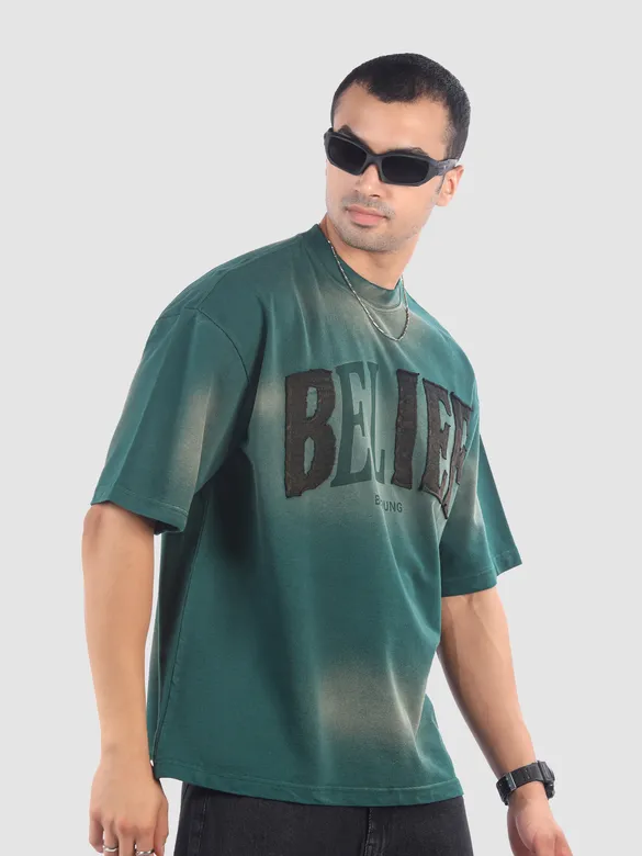 Bottle Green Belief Acid Wash Oversized Tshirt